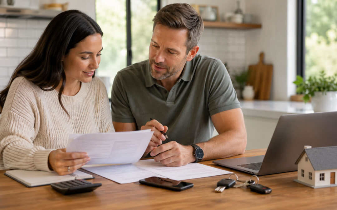 A couple reviews paperwork together at a kitchen table, surrounded by homey decor and natural light