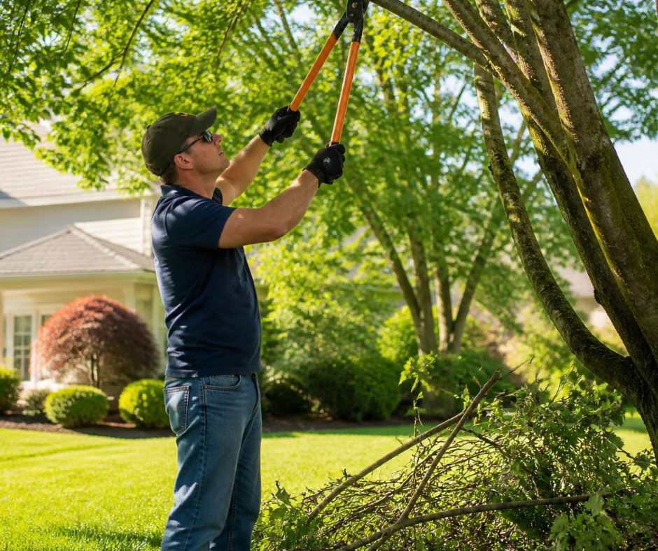 A person using a manual pole saw to trim high tree branches from the ground